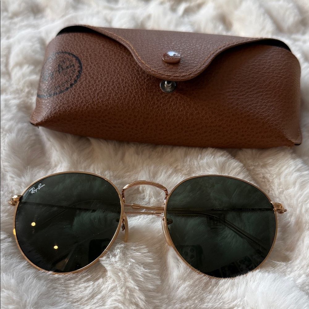 Ray-Ban Gold Frame round Sunglasses with Brown Case